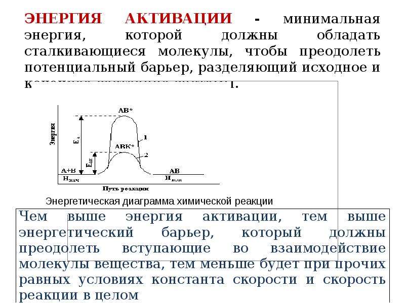 Энергия активации химической реакции. Минимальная энергия активации химической реакции. Энергия активации это минимальная энергия. Минимальная энергия которой должны обладать молекулы. Энергия активации потенциальный барьер.