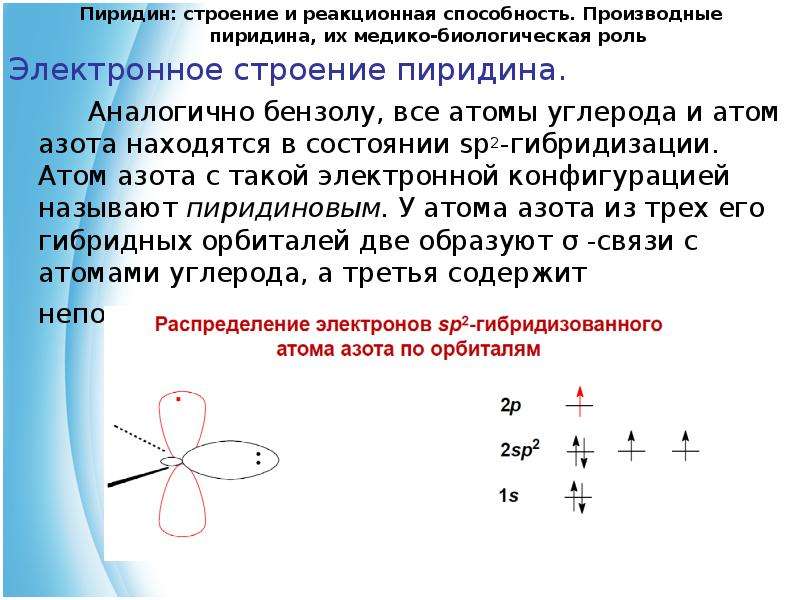 Атом углерода находится в состоянии. Пиридин Тип гибридизации. Атом азота в sp2 гибридизации. Пиридиновый атом азота орбитали. Пиридин электронное строение.