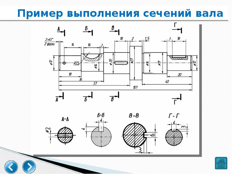 Построение чертежа вала с выполнением сечений