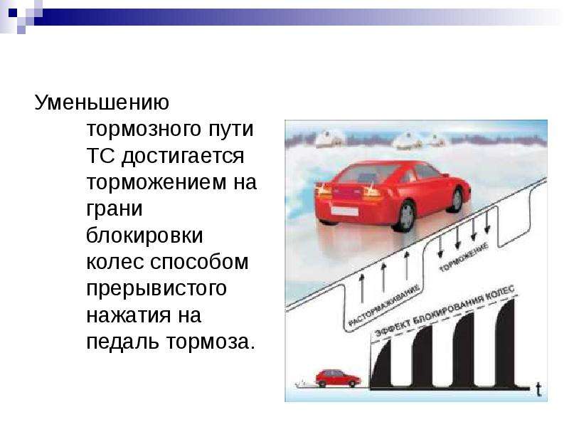 Путь транспортного средства. Уменьшение тормозного пути транспортного средства. Торможение ТС. Прерывистое нажатие на педаль тормоза. Торможение с блокировкой колес.