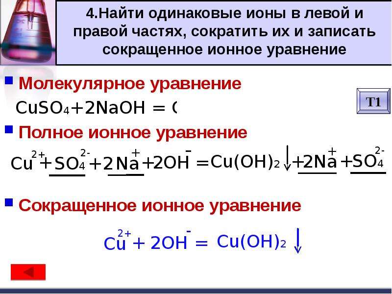 Качественные реакции на ионы в растворе. Уравнения сокращения ионных реакций. 2naoh+cuso4 ионное сокращенное уравнения.