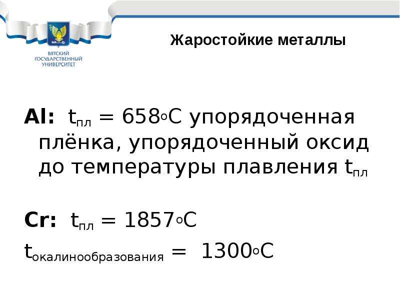 Al: tпл = 658оС упорядоченная плёнка, упорядоченный оксид до температуры плавления tпл Сr: tпл = 185