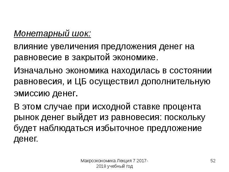 Увеличение денежной массы. Предложение денег в экономике. Влияние эмиссии денежной массы на экономику. Равновесие в закрытой экономике. Монетарный ШОК.