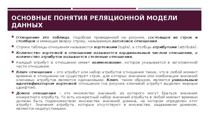 Отношение данных. Понятия характеризующие реляционную модель базы данных. Перечислите основные понятия реляционной модели данных. Основные термины реляционной модели данных. Реляционная модель данных поняття.