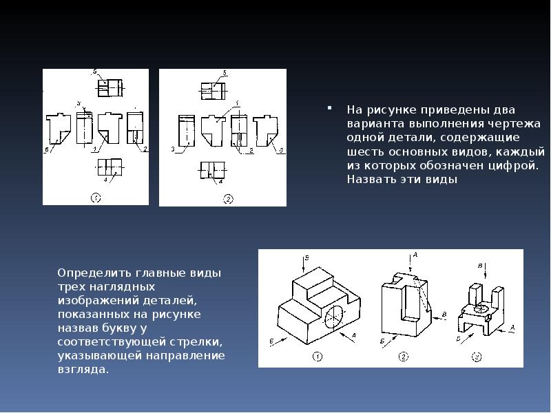 Шесть видов. Изображение приведенное на чертеже это. На рис 44 приведены два варианта выполнения чертежа одной детали. Изображение, обозначенное на рисунке цифрой 1, называется видом.... Назовите изображения на приведенном чертеже.