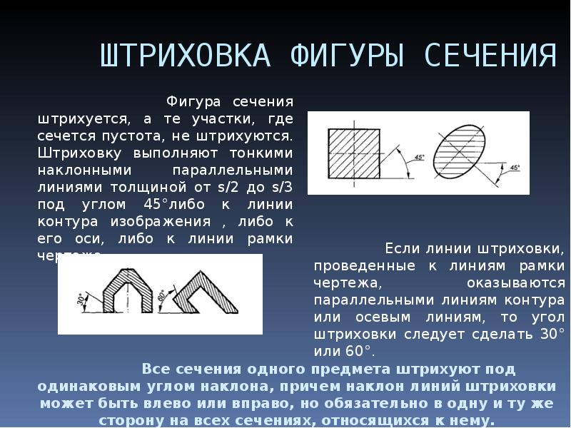 Фигура сечения на изображении разреза штрихуется в зависимости от