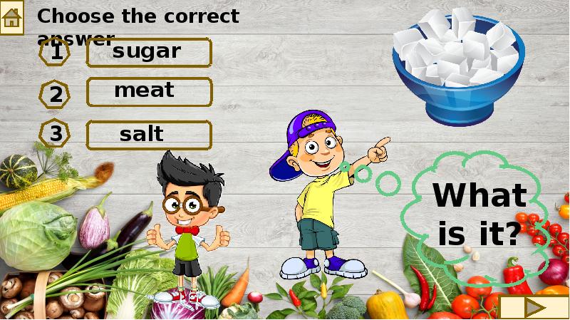 Choose the correct answer. Food presentation game. Put the missing Letters.