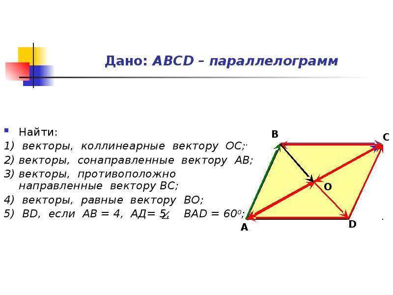 Abcd параллелограмм точка о точка пересечения диагоналей параллелограмма по данным рисунка запишите