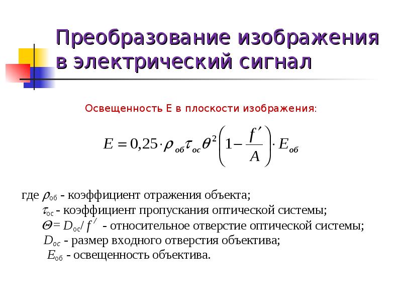 Преобразование изображений. Преобразование оптического изображения в электрические сигналы. Преобразование электрических сигналов. Преобразование светового сигнала в электрический.