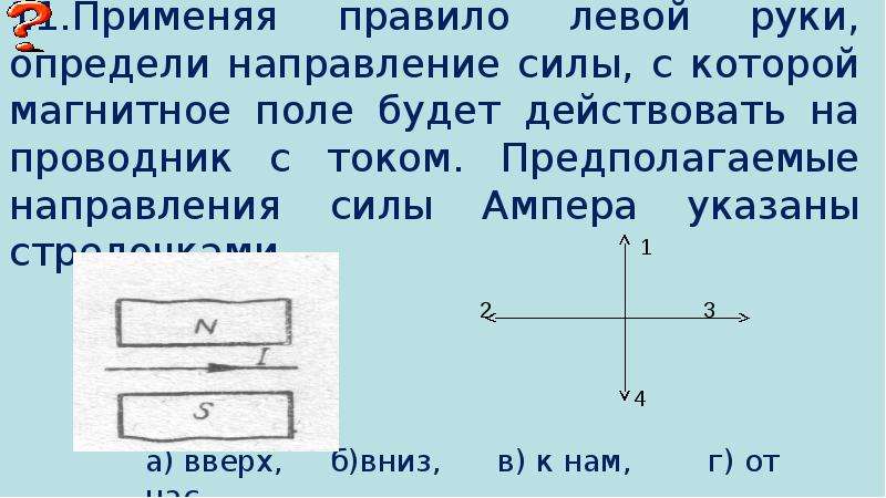 Укажите направление силы действующей