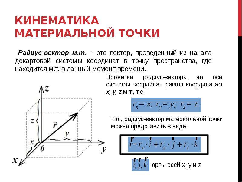 Вектор м т. Радиус вектор и его проекции на Декартовы оси координат. Радиус вектор в декартовой системе координат. Координаты радиус вектора. Кинематика материальной точки.