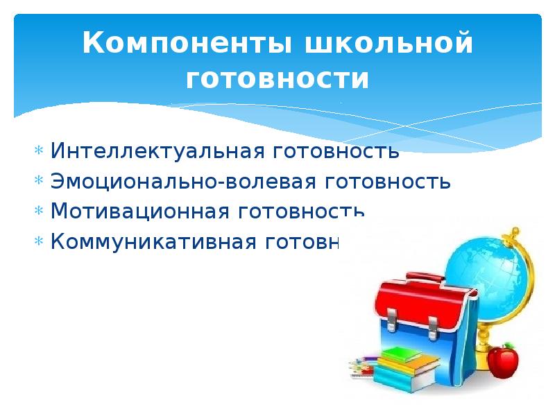 Мотивационная готовность к школе. Интеллектуальная готовность к школе. Коммуникативная готовность к школе. Эмоционально-волевая готовность к школе.