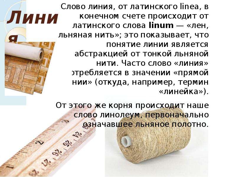 Слово линь. О льняной нити и линиях. Доклад о льняной нити и линиях. Слово «линия» происходит от латинского слова Linum – лен, льняная нить. Значение слова линия.