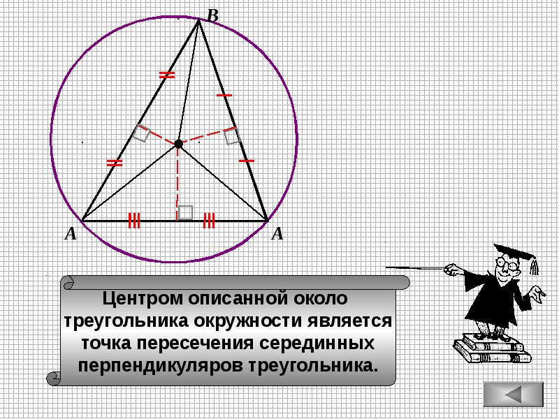 В авс серединные перпендикуляры. Центр описанной около треугольника окружности это точка пересечения. Центр описанной окружности треугольника. Центр окружности впписанной около треугольника. Центр описанной около тр окружности.