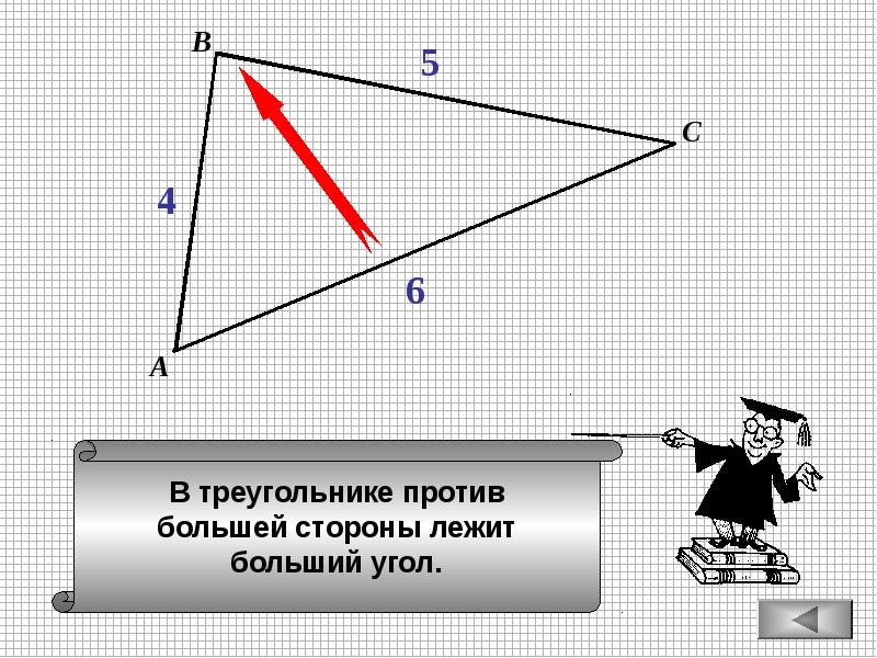 В меньшую сторону больше. Против большей стороны треугольника лежит больший угол. В треугольнике против большей стороны. Против большего угла лежит большая сторона. В треугольнике против большей стороны лежит.