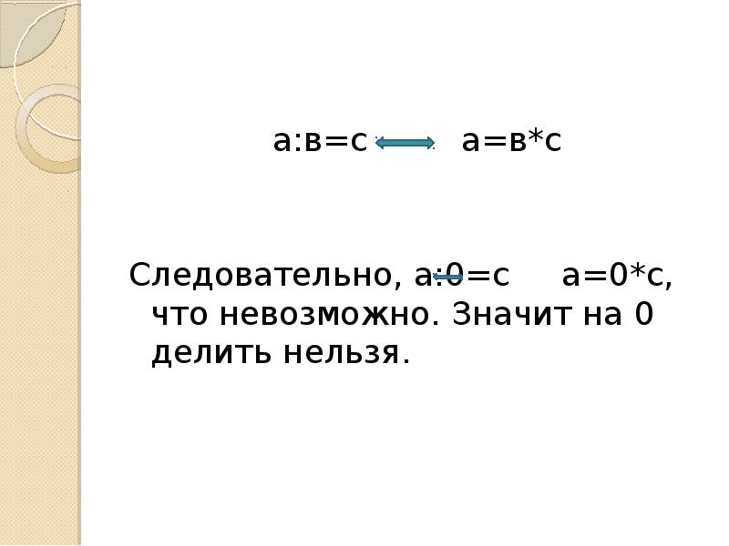 а:в=с а=в*с Следовательно, а:0=с а=0*с, что невозможно. Значит на 0 делить нельзя.