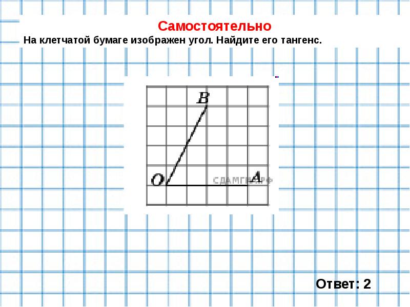 Найти тангенс угла изображенного на рисунке на клетчатой бумаге с размером