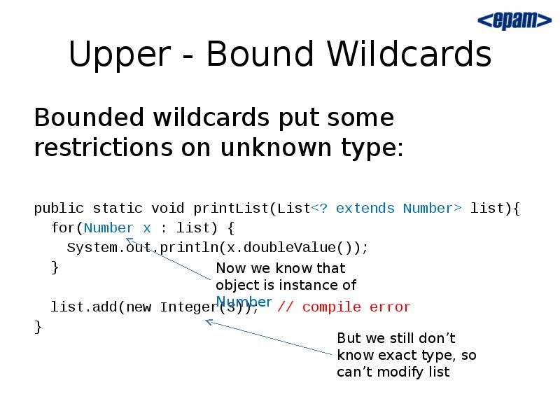 A new type of public. Upper bound. Upper bound Wildcard. Lower bound Upper bound. Lower integer bound.