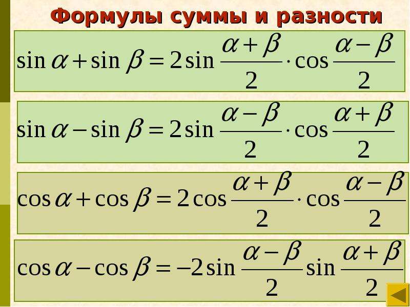 Сумма синусов. Произведение синусов и косинусов формулы 10 класс. Формулы синцсов и косину. Формула косинуса и синцувса. Формула синуса.