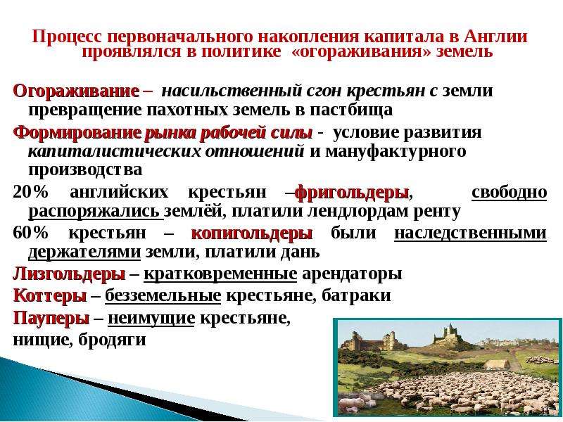 Процесс первоначального накопления капитала в Англии. Процесс огораживания в Англии. Огораживание общинных земель в Англии. Особенности первоначального накопления капитала в Англии.