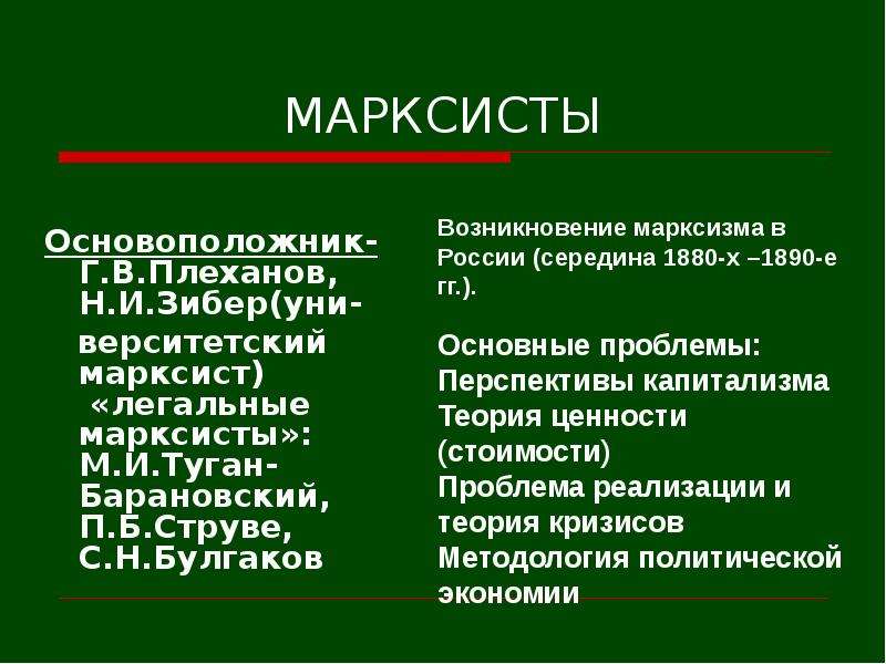 МАРКСИСТЫ Основоположник- Г. В. Плеханов, Н. И. Зибер(уни- верситетский марксист) «легальные марксис