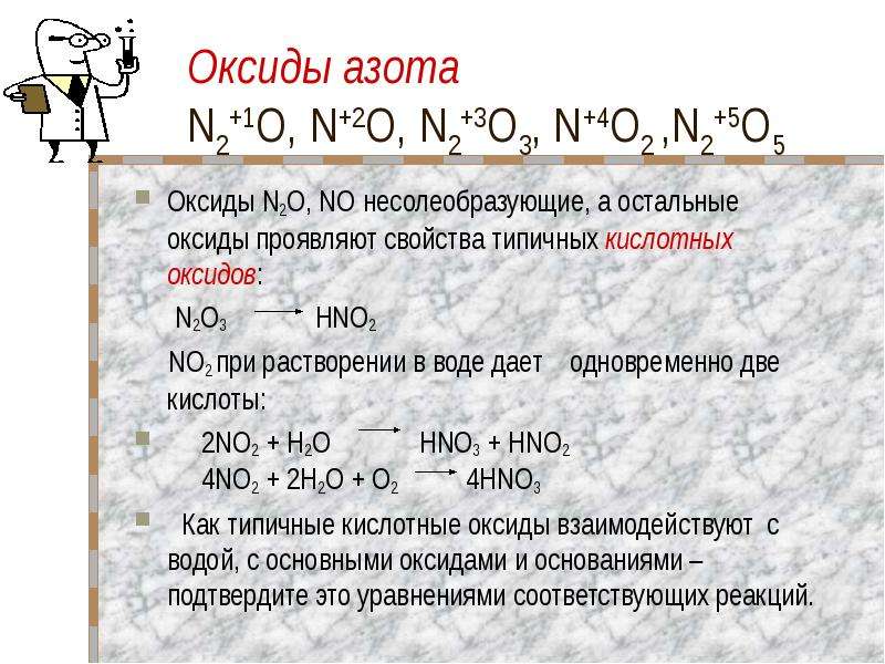 Оксиды при растворении которых образуются кислоты. Кислотные оксиды азота. Солеобразующие оксиды азота. Основные оксиды азота. Несолеобразующие оксиды азота.