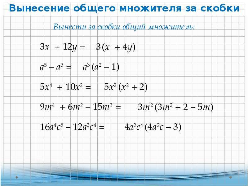 Вынесение общего множителя. Метод вынесения общего множителя за скобки. Вынесениетобщего множител с -. Правило вынесения общего множителя за скобки. Формула вынесения общего множителя за скобки.