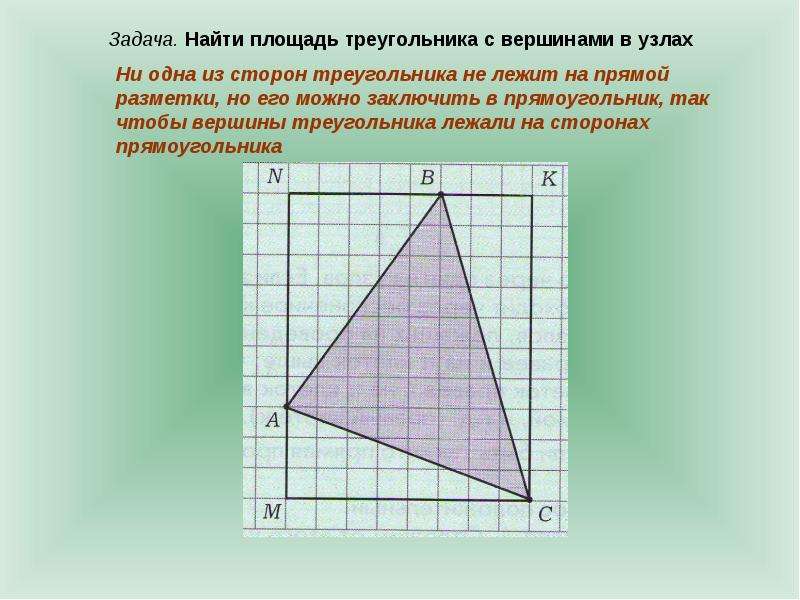 Найди площадь треугольника с вершинами в узлах. Площадь треугольника задачи. Как найти площадь треугольника заключенного в прямоугольник. Координаты вершин треугольника. Презентация площади треугольника