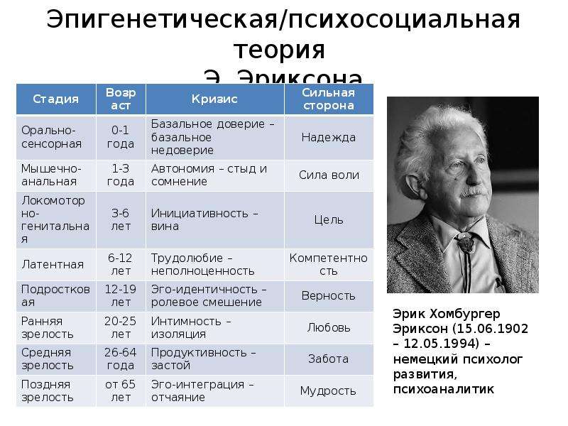 Возрастная теория эриксона. Возрастная периодизация э.Эриксона (1902-1994). Этапы эпигенетической теории э.Эриксона.