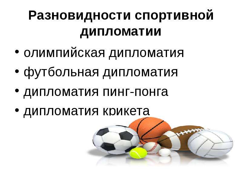 Разновидности спортивной дипломатии олимпийская дипломатия футбольная дипломатия дипломатия пинг-пон