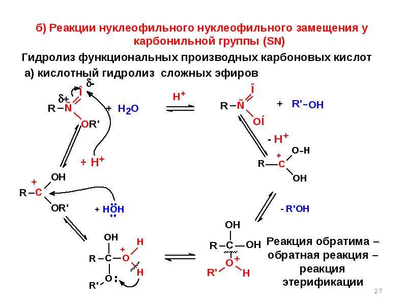 Карбоновые кислоты образуются при гидролизе. Реакция этерификации механизм нуклеофильного замещения. Механизм нуклеофильного замещения карбоновых кислот. Нуклеофильное замещение карбонильной группы. Механизм этерификации карбоновых.