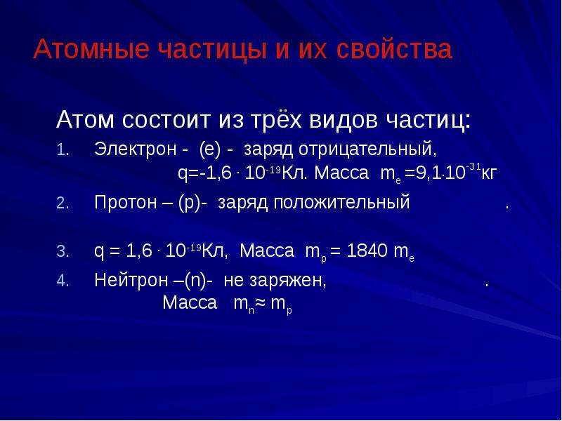 Атомные частицы. Атом состоит из трех видов частиц. Характеристика частиц атома. Ядерные частицы.