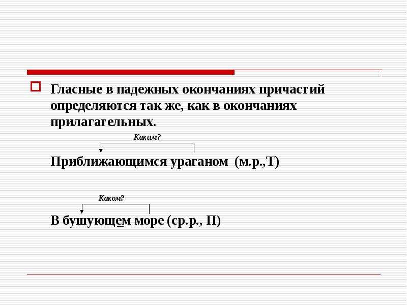 Презентация склонение причастий и правописание гласных в падежных окончаниях причастий 7 класс