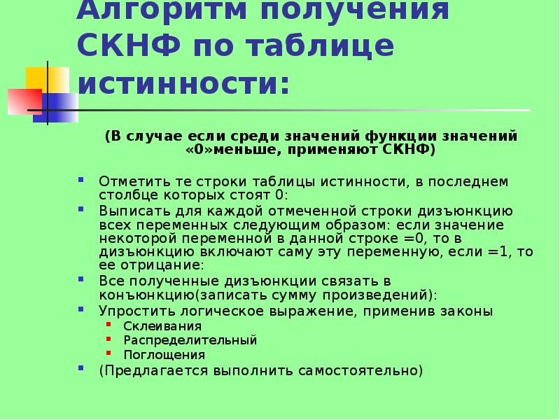 Итоговый что значит. Алгоритм получения СКНФ. Алгоритм получения СКНФ по таблице истинности. Алгоритм СКНФ. Алгоритм как получить 5 на уроке.