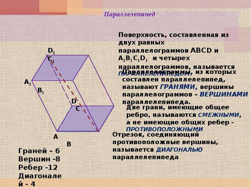 Параллелепипед 10 класс. Параллелепипед это поверхность составленная из. Диагональ параллелепипеда равна. Параллелепипед и параллелограмм. Противоположные ребра параллелепипеда.