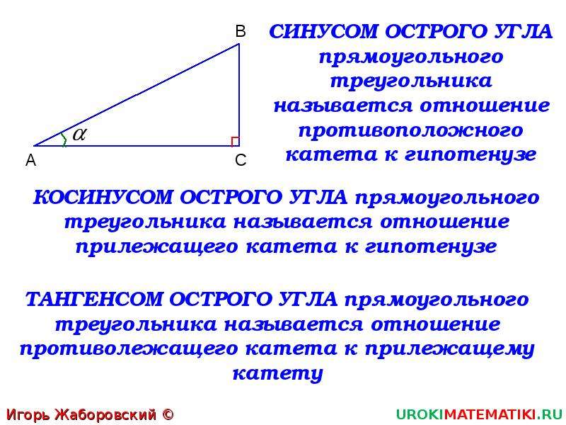 Косинусом острого угла треугольника называется