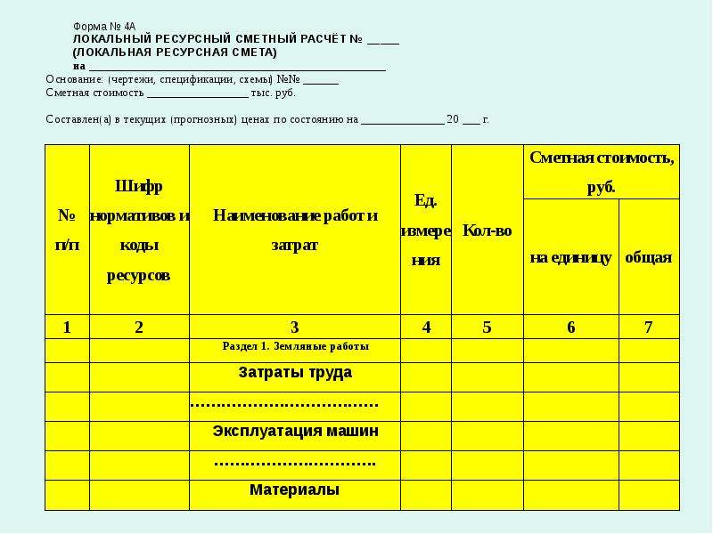 Локальный ресурсный сметный расчет образец excel