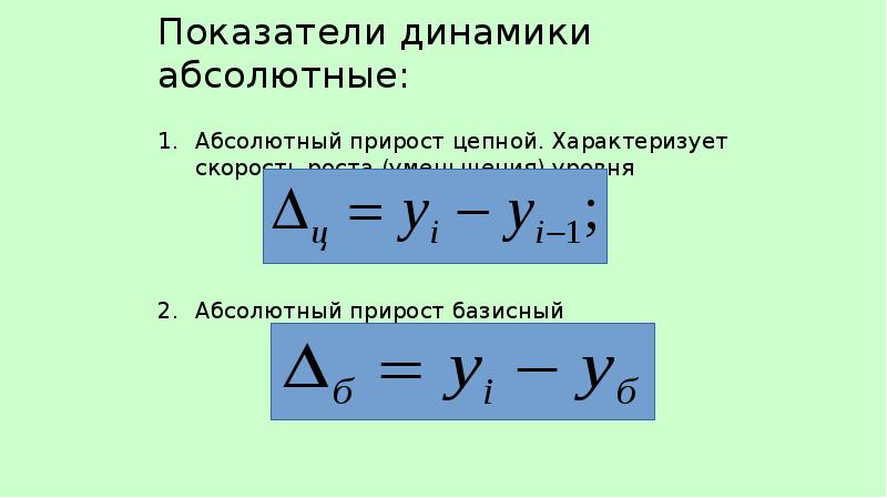 Абсолютная динамика. Цепной абсолютный прирост. Базисный абсолютный прирост. Среднегодовой абсолютный прирост. Показатели динамики – цепной и базисный абсолютный прирост.