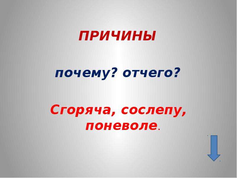 Вопрос к слову сгоряча. Сослепу почему причина. Выбери наречия места сгоряча сослепу. Со слепу или сослепу. Реклама русский язык 7 класс презентация.