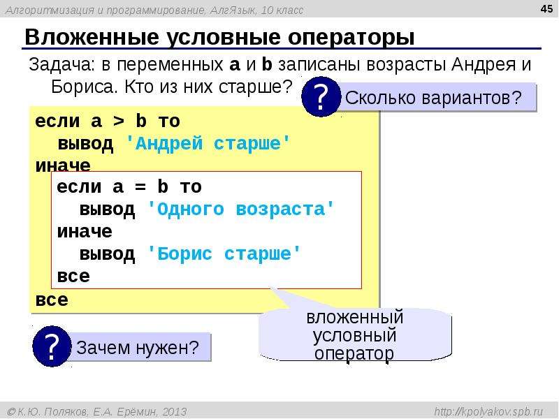 Записать возраст. Вложенные условные операторы. Операторы алгоритмического языка. Вложенные условные операторы Паскаль. Вложенные условные операторы в си.