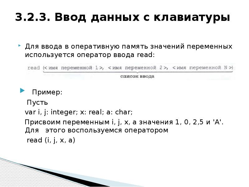 Ввод данных с клавиатуры. Ввод данных пример. Оператор вывода данных с клавиатуры. Для ввода в оперативную память значений переменных. Ввод данных в переменную.