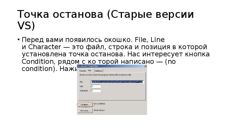 Точка вставить. Точка останова. Отладчик точки останова. Условие останова. Интерактивные точки останова.