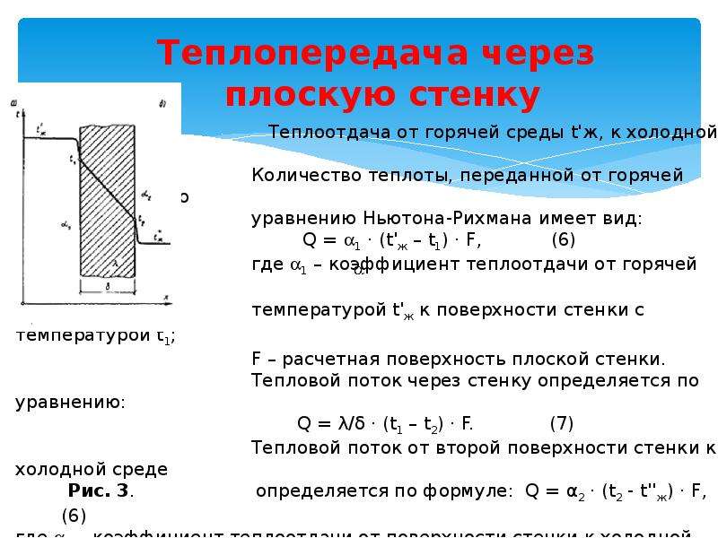 Теплообмен при температуре. Коэффициент теплопередачи для плоской стенки. Коэффициент теплопередачи формула для плоской стенки. Теплопроводность через однослойную плоскую стенку. Тепловой поток через плоскую стенку формула.