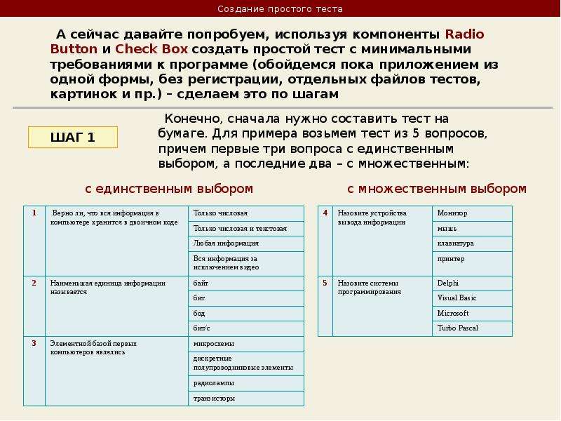 Создание простейшего теста в презентации