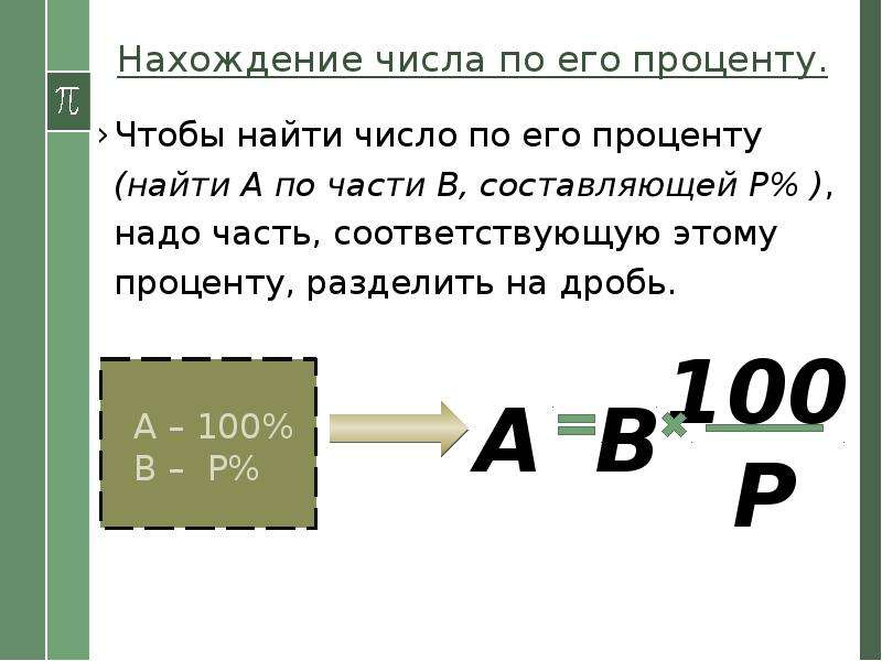 Нахождение числа по его процентам. Нахождение целого по его проценту. Нахождение числа по его процентам правило. Найти число по проценту.