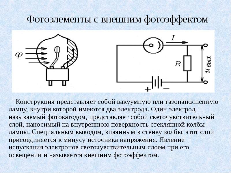 Конструкция представляет собой. Схема устройства фотоэлемента. Схема включения фотоэлемента с внешним фотоэффектом. Вакуумный фотоэлемент схема. Схема включения и работа фотоэлемента с внешним фотоэффектом.