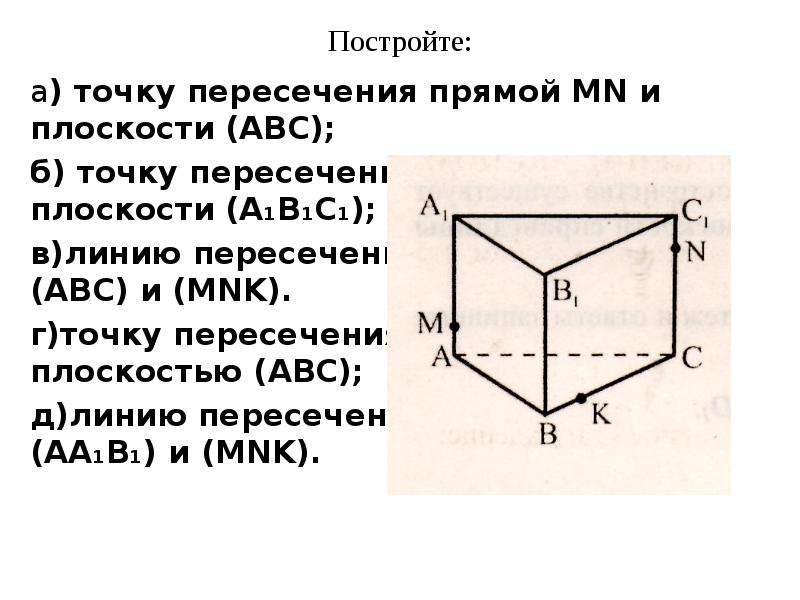 Пересечение прямой призмы плоскостью авс