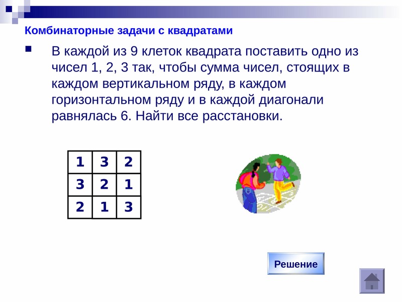 В квадрате суммы чисел в каждом. Задача в клетках квадрата поставлены числа 2. Квадрат из 9 клеток. Комбинаторные задачи 9 класс с решением. В каждой из 9 клеток квадрата поставить одно из чисел 1 2 3 так.