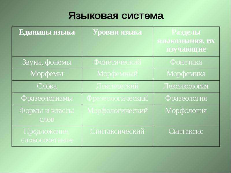 Системы языковых элементов внутри языка. Языковая система схема. Языковая система таблица. Уровни языковой системы.