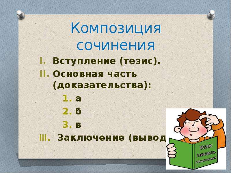 Вступление тезис. Сочинение с вступлением основной частью и заключением.